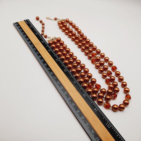 Vintage Japan 1950s Copper Pearl Necklace 3-Strand w/ Topaz Crystals, 18" - Picture 10 of 11